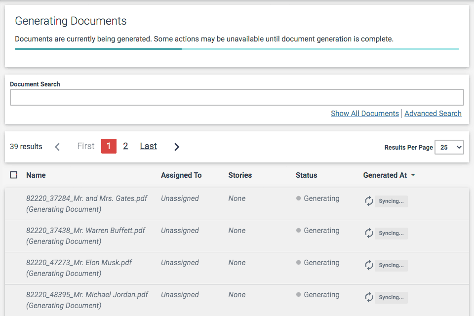 Screen titled 'Generating Documents' with a progress bar and rows of greyed out documents that have a 'Generating' status