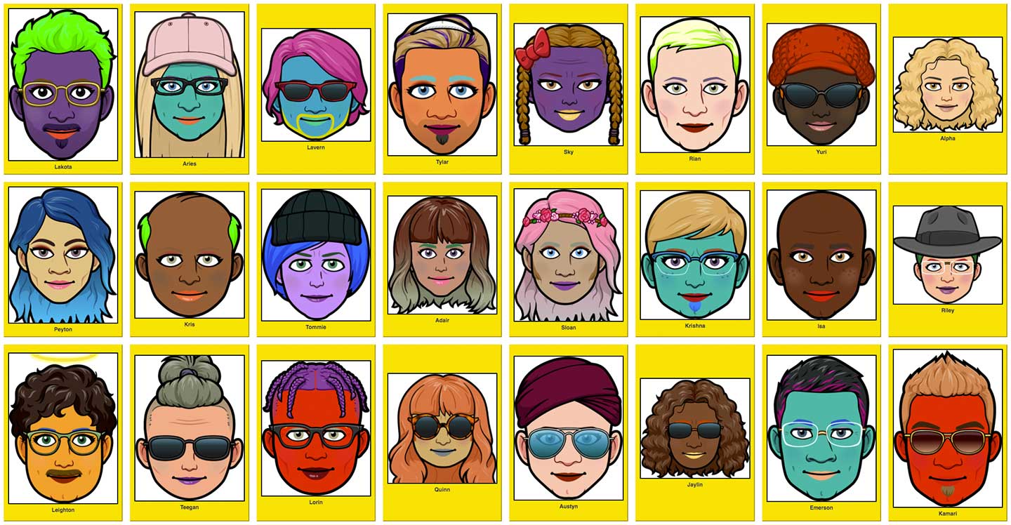 A grid of colorful Bitmoji faces with lots of different skin colors, hairstyles, hats, glasses, and facial features.